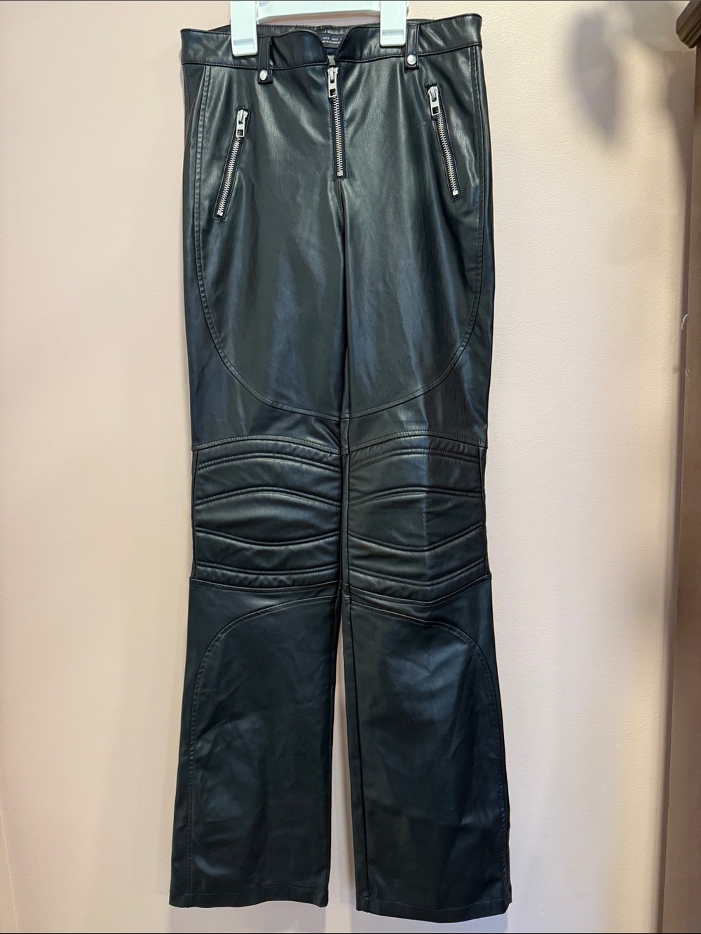 Zara Black Faux Leather Flare Pants with Moto Stitching